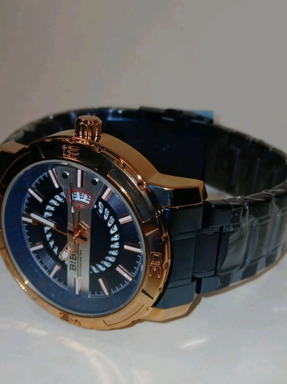 ​BIBI Chronometer Mens Quartz Watch Blue Rose Gold Steel Link Band New Box